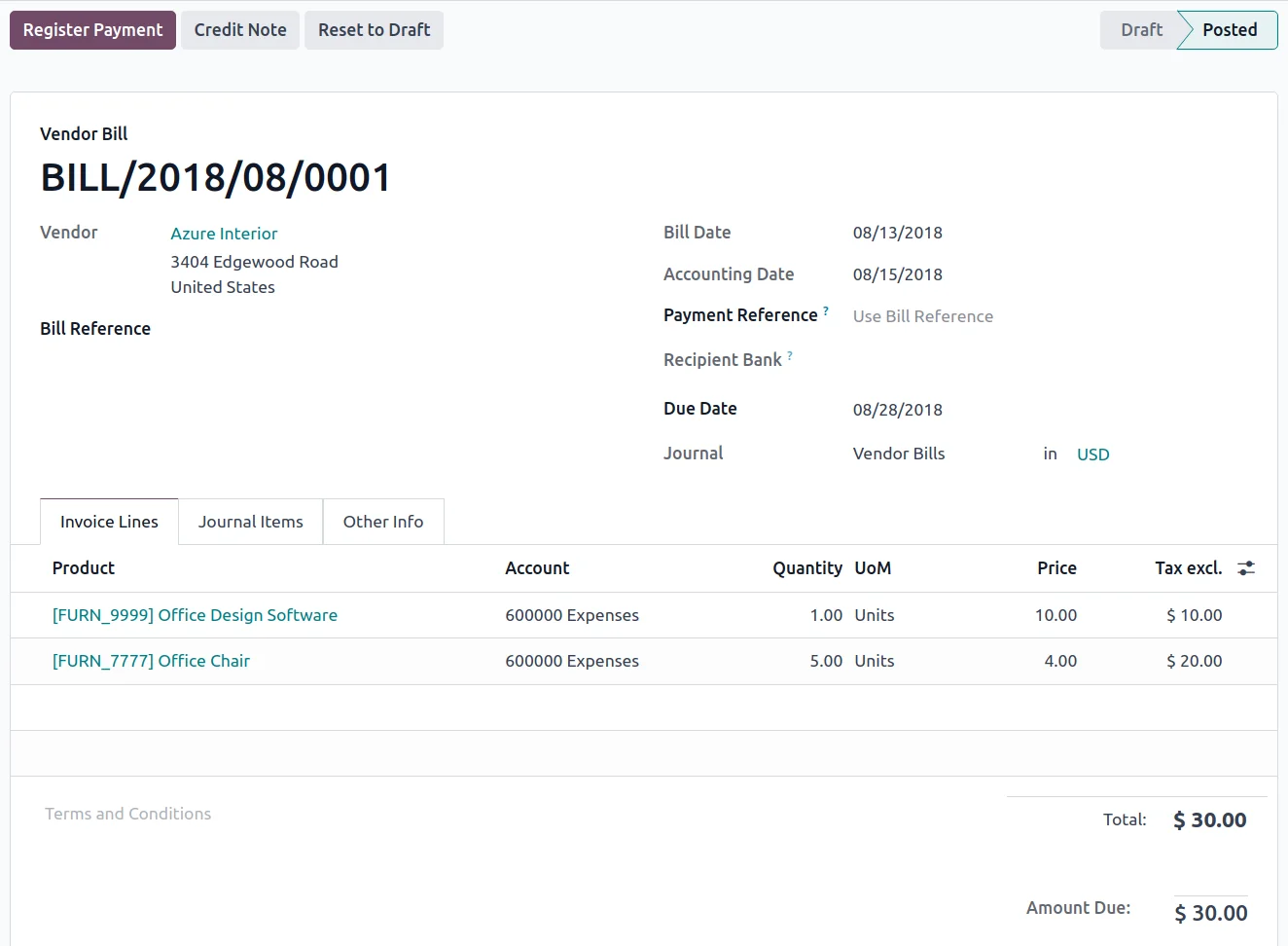 Odoo accounting dashboard screenshot
