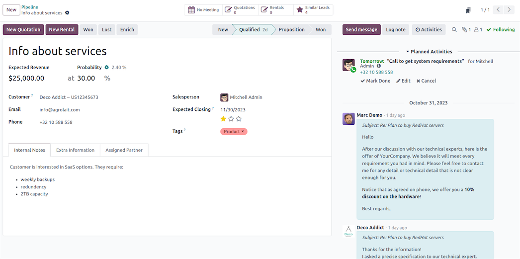 Odoo CRM pipeline screenshot